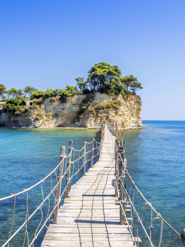 Cameo island, Zakinthos, on horizon Turtle island in Mediterranee