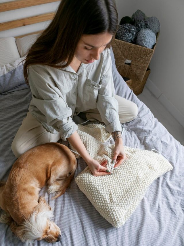 mulher-de-tiro-completo-tricotando-em-casa-com-cachorro_23-2149303918
